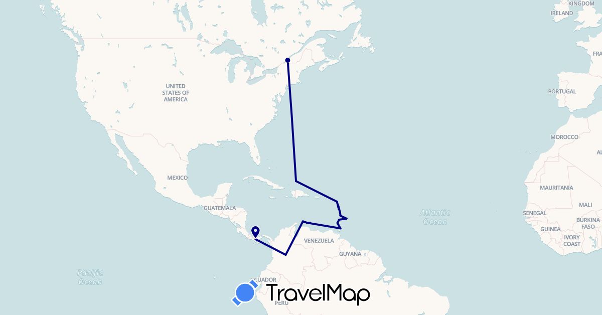 TravelMap itinerary: driving in Antigua and Barbuda, Barbados, Canada, Colombia, Dominica, France, Grenada, Saint Lucia, Netherlands, Panama, Turks and Caicos Islands, Trinidad and Tobago, Saint Vincent and the Grenadines, British Virgin Islands (Europe, North America, South America)